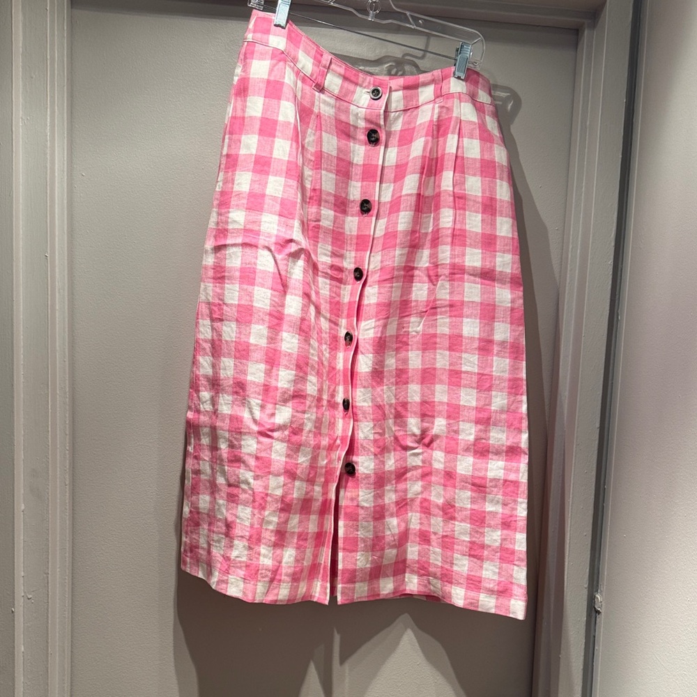 Pink Gingham Button-Front Midi Skirt